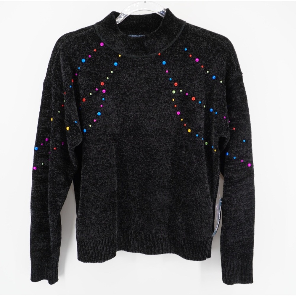 ModCloth Womens Black Chenille Mock Neck Sweater Rainbow Bead Embellished XS New